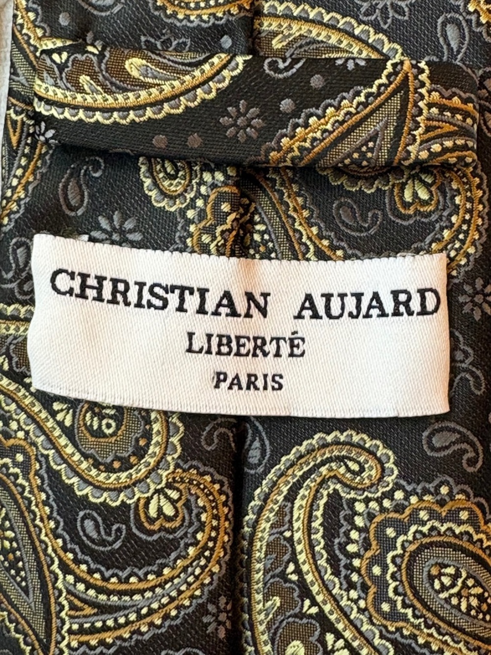 Vintage Christian Aujard Liberté Paris Gold Black Paisley Necktie